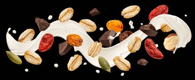 Siyah zemin üzerinde süt sıçraması olan Müsli, paket tasarım elementi