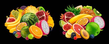 Farklı meyve koleksiyonu siyah arkaplanda izole edildi, paket tasarım ögesi