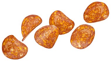 Falling chorizo sausage, hot salami slices isolated on white background with clipping path