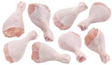 Çiğ tavuk budu beyaz arka planda izole edilmiş kırpma yolu, koleksiyon, tam derinlik