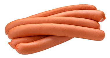 Çiğ sosisler beyaz arka planda izole edilmiş, tam derinlikte.