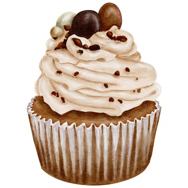 Watercolor chocolate cupcake with chocolate chips and candies. Transparent background Png