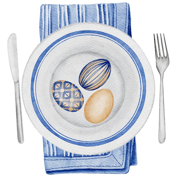 Easter table decor with ceramic easter decorated plate lies on the napkin and easter painted eggs, knife, and fork. Transparent background PNG