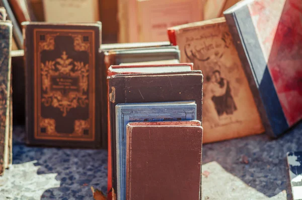 stock image Vintage books with rough cover. Selective focus. Old editions