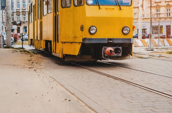 Old Yellow Tram Vintage Tram Rails City — Stock Photo, Image
