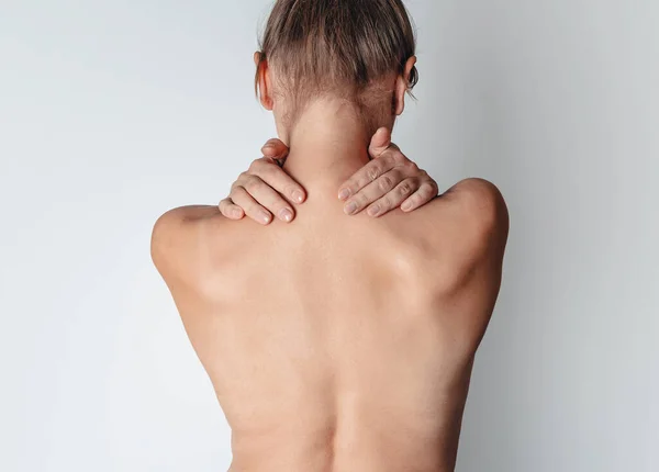 Naked Female Back Women Hands Wrap Neck Rear View — Stock Photo, Image