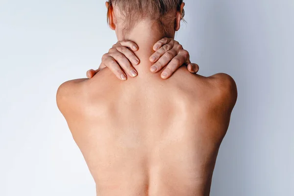 Naked Female Back Women Hands Wrap Neck Head Tilted Forward — Stock Photo, Image