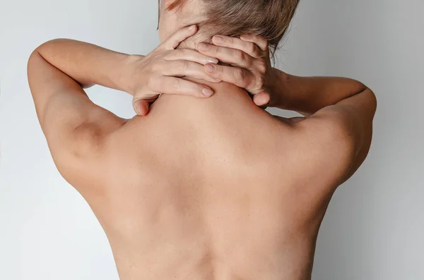 Close View Naked Female Back Female Hands Head Rear View — Stock Photo, Image