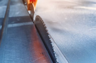 Elektrikli testere ile ahşap kesme masasına yakın çekim. Profesyonel marangoz kereste fabrikasında tahta kesiyor.