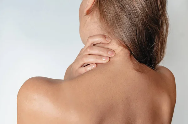 Naked Woman Pain Neck Back White Background Back View — Stock Photo, Image