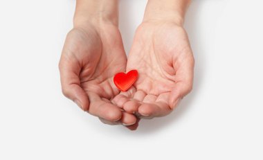 Female hands hold one small red heart in their palms. White background