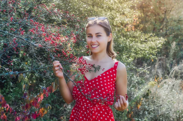 Νεαρή Γυναίκα Κοντά Θάμνο Κόκκινα Βατόμουρα Χαμογελάστε Φυσική Ομορφιά — Φωτογραφία Αρχείου