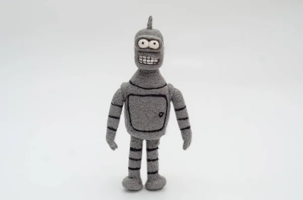 stock image Felted toy made of wool. Robot Bender on white background