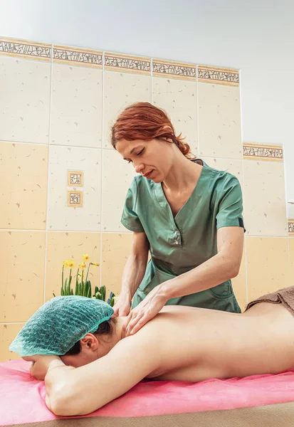 Massage Van Kraag Zone Van Vrouw Zijaanzicht Van Rug Van — Stockfoto