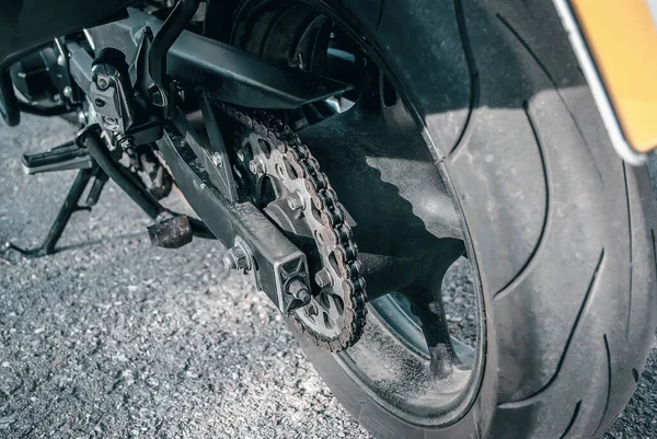 Rear wheel of motorcycle. Chain gear, sprocket on motorcycle wheel