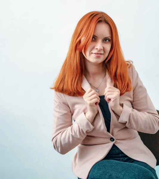 Beautiful Woman Red Hair Jacket Sitting Armchair — Stock Photo, Image