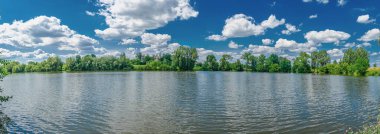 Gökyüzüne karşı bulutlu küçük düz bir göl. Baraj gölünün kıyısındaki ağaçlar. Yaz tatilleri, balıklar