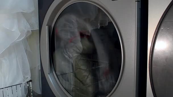 Profesyonel Bir Çamaşır Makinesinde Çamaşır Yıkamak Çamaşır Odası Penceresi Çamaşır — Stok video