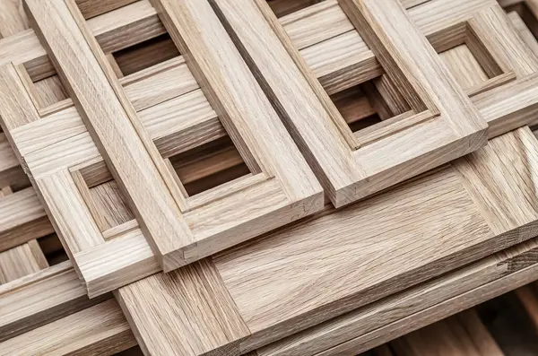 Wooden frames on a workbench in a carpentry workshop