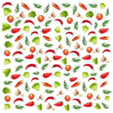 Kusursuz desenli, beyaz arka planda taze renkli sebzeler. Paketleme, tekstil, pankart.