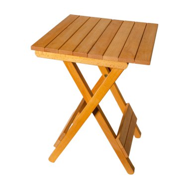 Wooden folding stool isolated on white background. Compact wooden furniture with a simple and minimalist design