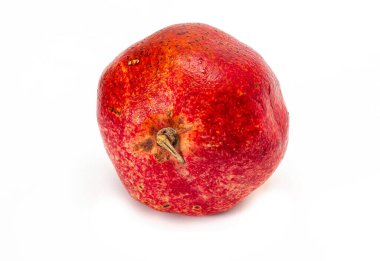 Ripe red pomegranate isolated on white background. View from below