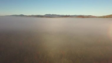 Ormanın üzerindeki bulutlar. İnsansız hava aracından sonbahar ormanının manzarası. Ormanda gün batımı