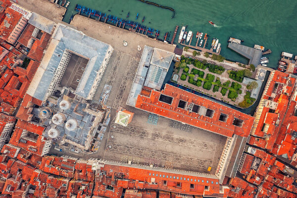 Panoramic shot of Venice, San Marco, Italy. Tiled roofs and streets. Historical buildings. Tourism