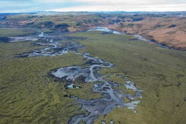 Yeşil çimen ve yosunlu bulutlu havada manzaralı kanyon ve kıvrımlı donmuş nehir. Doğu İzlanda