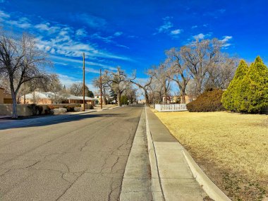 ALBUQUERQUE, New Mexico, ABD-7 Mart 2023. Özel binaların, bahar ağaçlarının ve çalıların güzel manzaralı caddeleri.