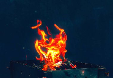 Metal renginde bir toprak. Mangal pişirmek için ateş yakıyorum..