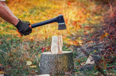 Balta insanın elinde. Isınmak için odun kesiyorum. Kütük üzerinde bir tahta parçası. Bulanık orman arkaplanı