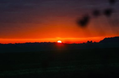 Ufukta siluetli ağaçlar olan bir tarlanın üzerinde büyülü turuncu ve mor sonbahar günbatımı. Alacakaranlık