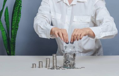 Finans ve para çarpımı kavramı. Kadın elleri cam kavanoza bozuk para atıyor. Bağış