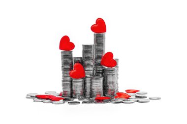 Gümüş sikke kulelerinde yanan kırmızı kalpler. Sevgililer Günü, pankart, kartpostal. Sevgi. Beyaz arkaplan