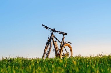 Gün batımında yeşil alanda bisiklet sürmek. Düşük açı. Bisiklet konsepti. Metin iletisi eklemek için resim