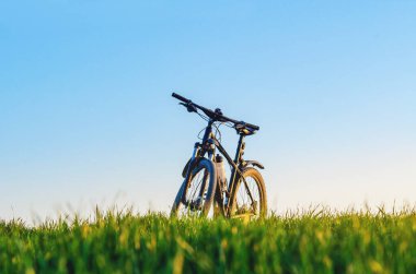Gün batımında yeşil alanda bisiklet sürmek. Düşük açı. Bisiklet konsepti. Metin iletisi eklemek için resim