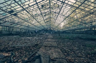 Güneşin parladığı kırık pencereli ürkütücü terk edilmiş sera. Gizemli alan, terk edilmiş bina
