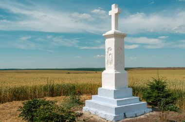 Kırsal kesimde İsa ve Bakire Meryem 'in resimlerinin olduğu antik taş haç heykeli. Buğday alanı ve bulutlu gökyüzü arkaplanı.