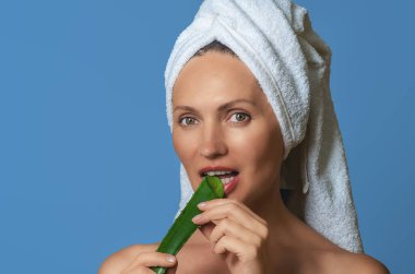 Mavi arka planda gülümseyen kadının portresi, elinde aloe vera tutarak beyaz dişlerle ısırıyor. Yaşlanma önleyici bakım konsepti.