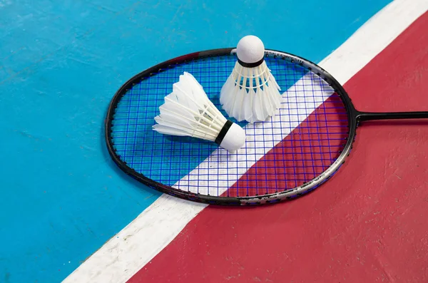 The shuttlecock on the badminton racket in the badminton court