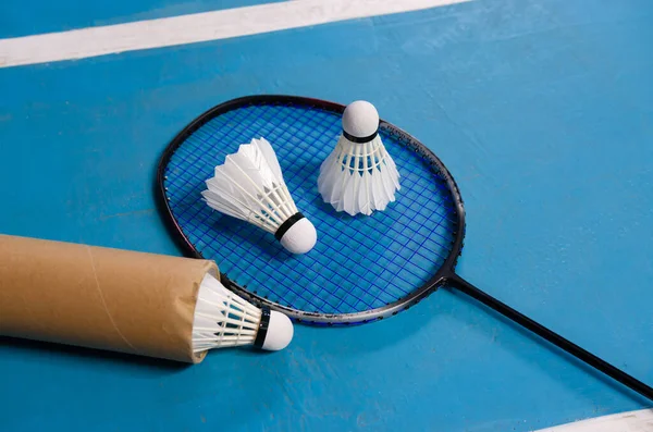 The shuttlecock on the badminton racket in the badminton court