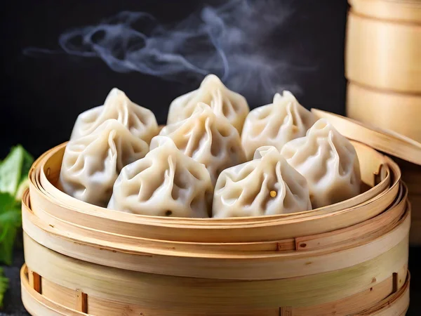 steamed dumpling dim sum in a stacked bamboo steamer  chinese food