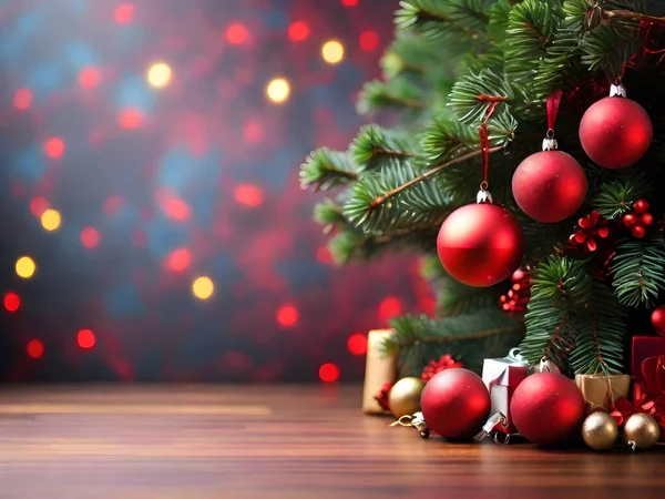 圣诞装饰 松枝上挂着红球 圣诞树上挂着装饰品 背景抽象 有复制空间 免版税图库照片