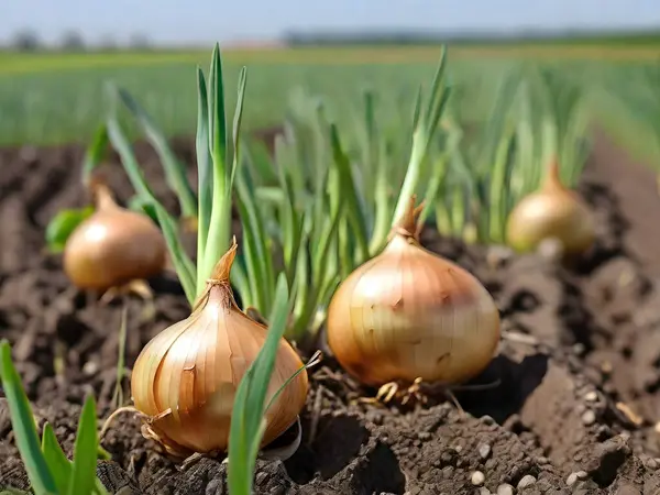 Onion plants on field close up