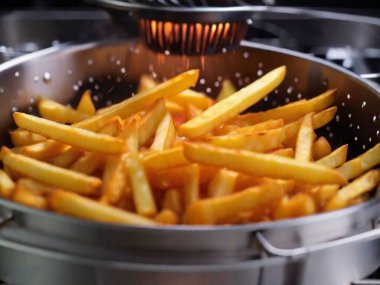 French fries is cooking into deep fryer at kitchen. clipart