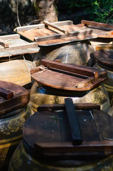 stock image Traditional vinegar pickling in clay jars