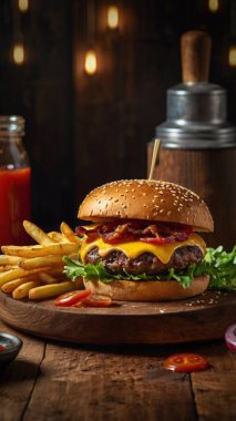 Sinema 4K Burger Festivali. Yüksek Kaliteli Burger Görüntüsü. Rustik Gurme Burger Sahnesi. Hamburger Tabağı Sinematik Görüntü.