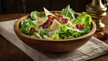 A rustic-style Caesar salad served in a wooden bowl, with romaine lettuce, crispy bacon bits, shaved Parmesan, and handmade croutons. clipart