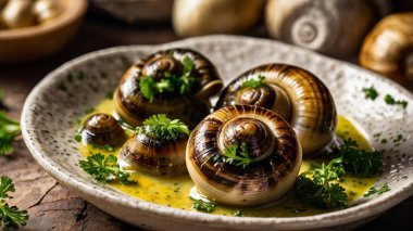 Salyangoz de Bourgogne geleneksel seramik bir tabakta servis edilir, her salyangoz sarımsak-maydanoz tereyağıyla dolu bir boşluğa yerleştirilir, fırından köpüren ve altın renginde..